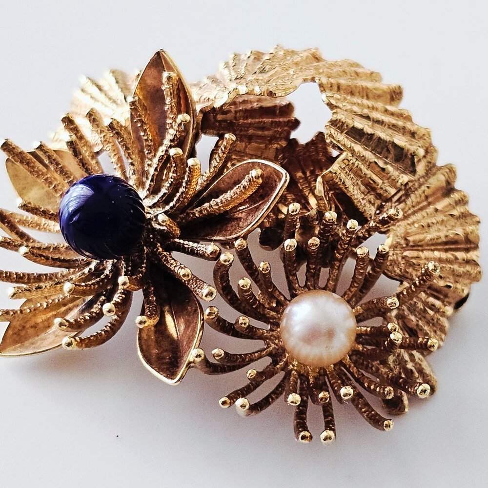 Lapis and Pearl Rolled Gold West German Brooch
